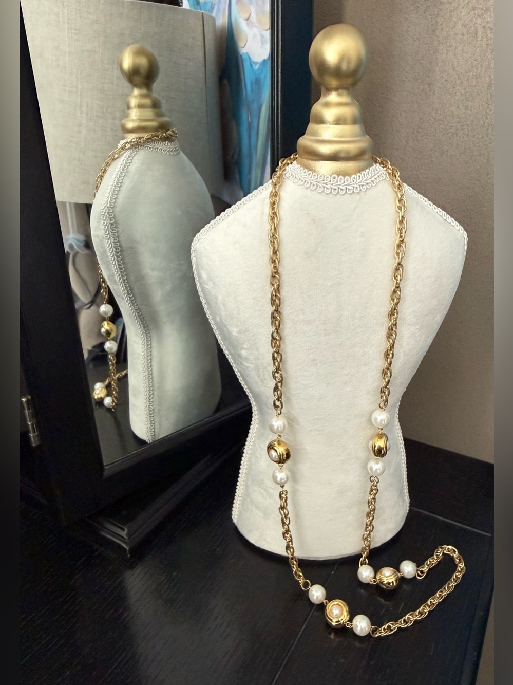 Vintage Gold Chain Necklace with White Pearls - Picture 2 of 4